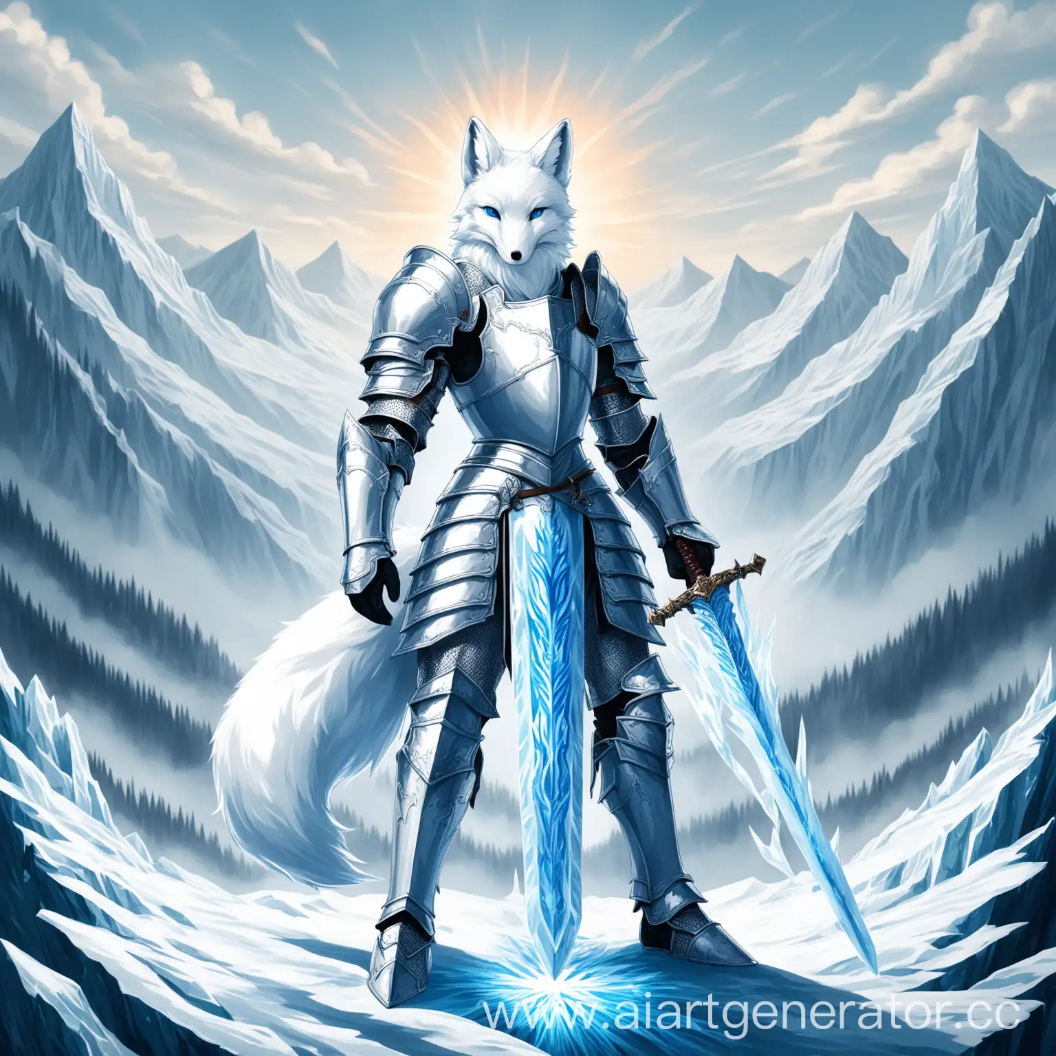 A white fox in armor stands against the background of mountains with a large sword in his hands with an icy aura