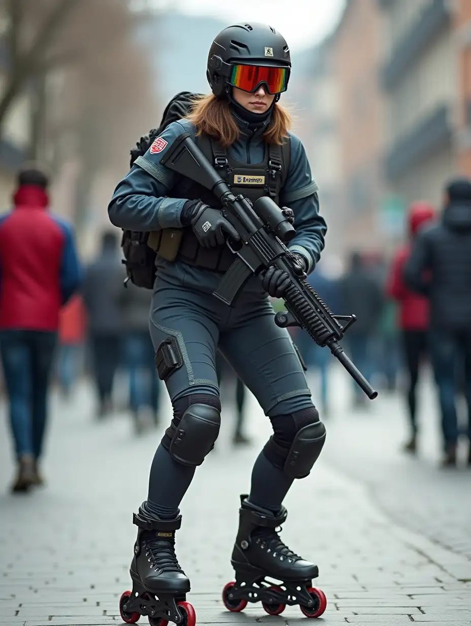 a 17 year old airsoft geared woman at a distance, she is skating on a street, holding a weapon, ordinary people in background, clothes have racing colors, she is wearing lots of functional sportswear, cycling gloves, airsoft helmet with transparent visor over eyes, smartwatch, thick plastic knee pads, modern inline skates with complete organized wheels