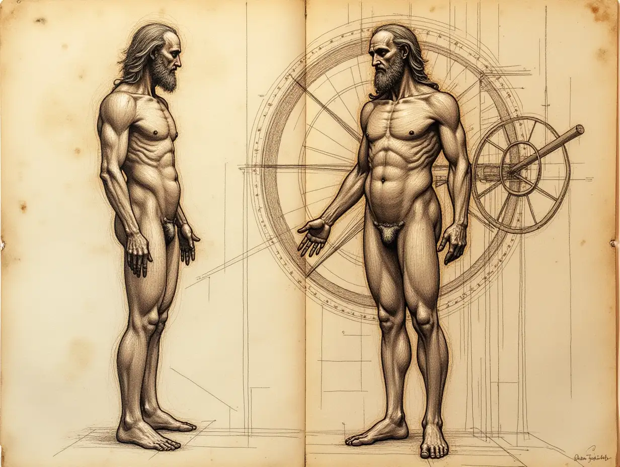 Create a detailed sketch in the style of Leonardo da Vinci. The sketch should have technical precision and fine details typical of da Vinci's work. Add a mix of human figures and mechanical inventions as found in his notebooks. Pay attention to precise lines, shading, and natural depiction of movement and anatomy