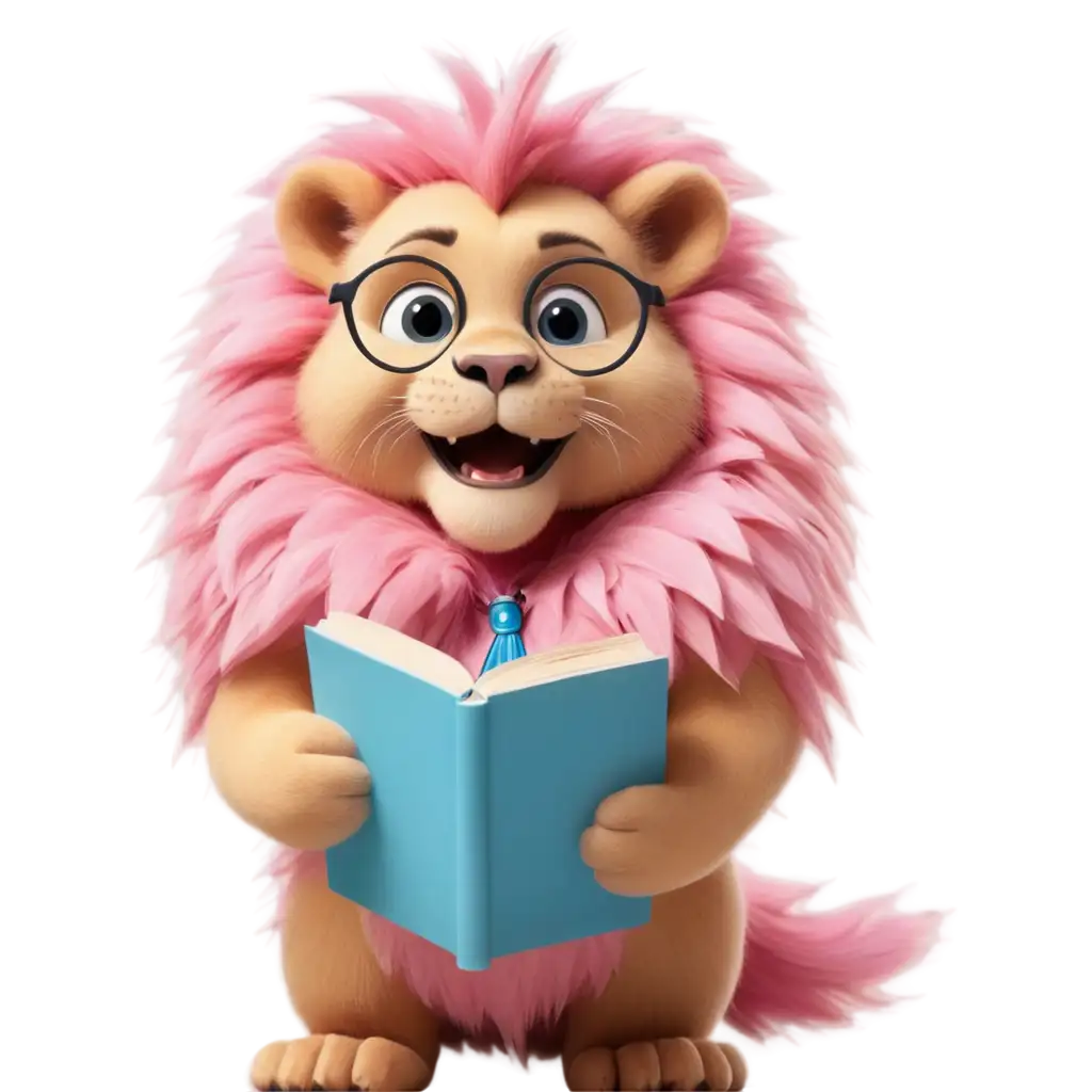 A macro, detailed image in the style of a hi def picture of a cute adult, happy lion blue and pink feathers around his neck, wearing reading a book.