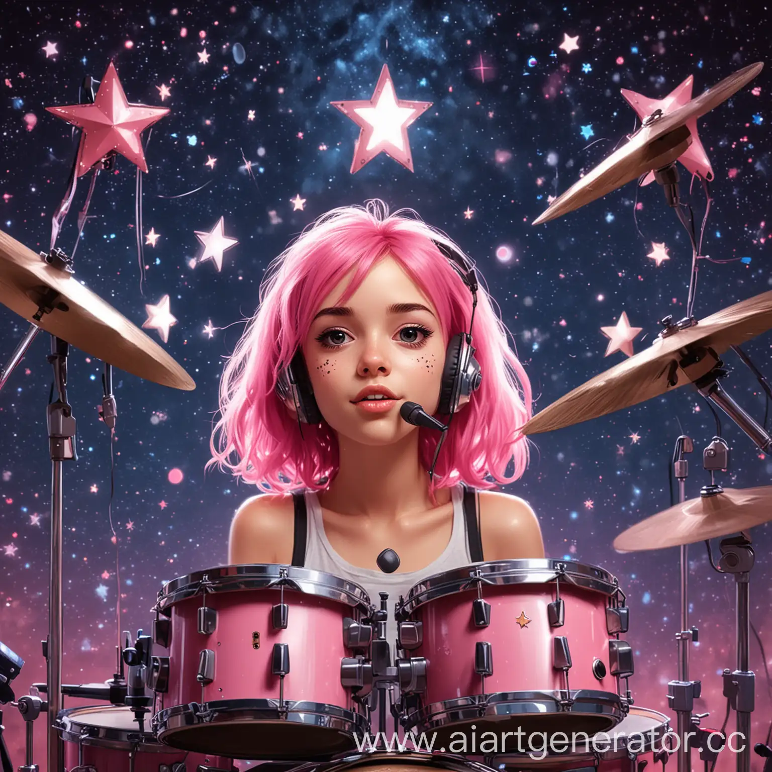 Cartoon-Girl-with-Pink-Hair-Playing-Music-Under-Starry-Night-Sky