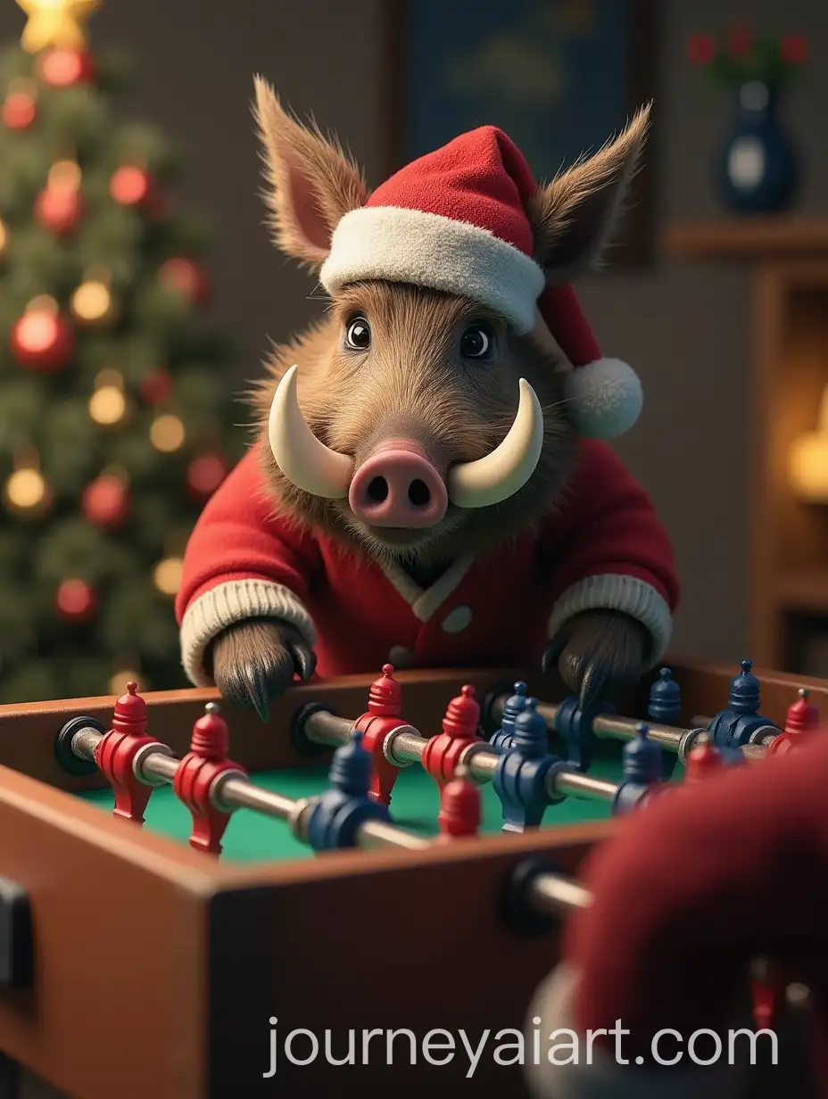 Anthropomorphic-Boar-Playing-Foosball-with-Christmas-Decorations