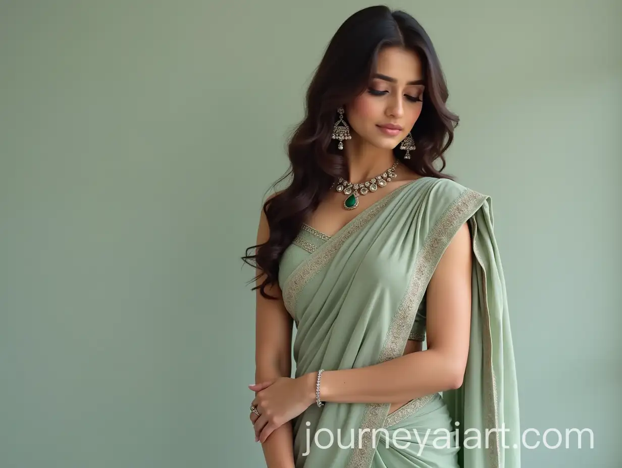 Graceful-Indian-Actress-in-Light-GreyGreen-Saree-with-Green-Gemstone-Accessories