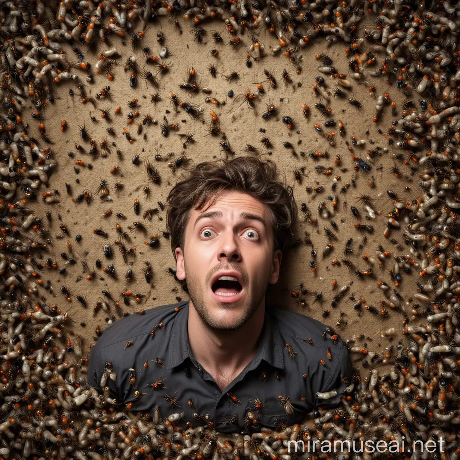 Terrified Man Surrounded by Insects and Spiders