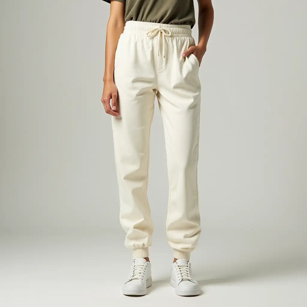 front of a woman model wearing off-white sweatpants. show from SHOES to waist. Model is wearing t-shirt. Focus on the sweatpants.