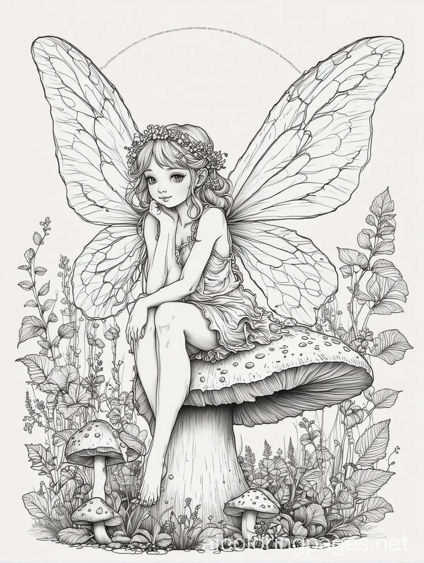 Enchanting-Fairy-with-Wings-Sitting-on-a-Mushroom-for-Kids-Coloring-Page