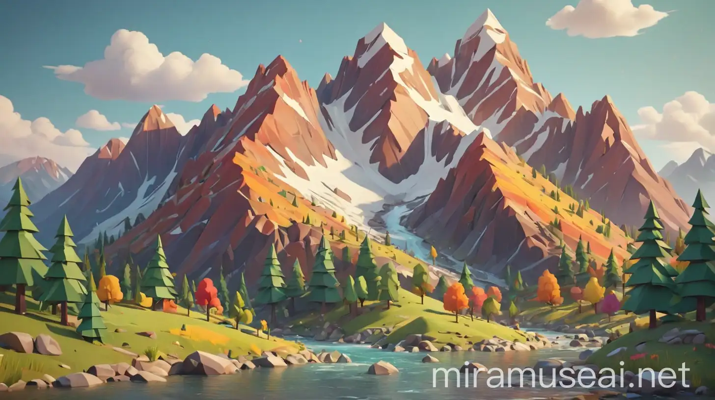 Colorful Lowpoly Mountain River and Trees Illustrations