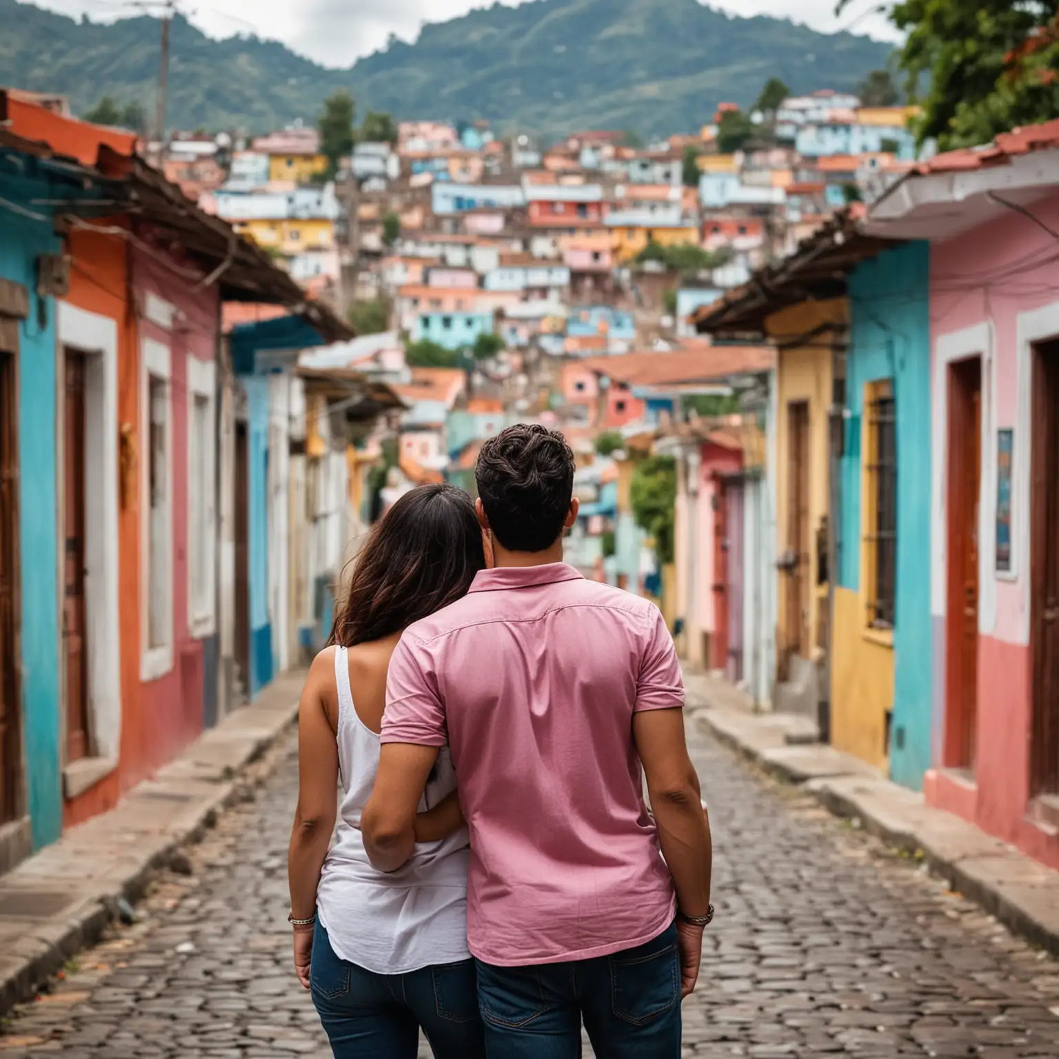 Loving Couple Embracing in Vibrant Latin American Street Scene