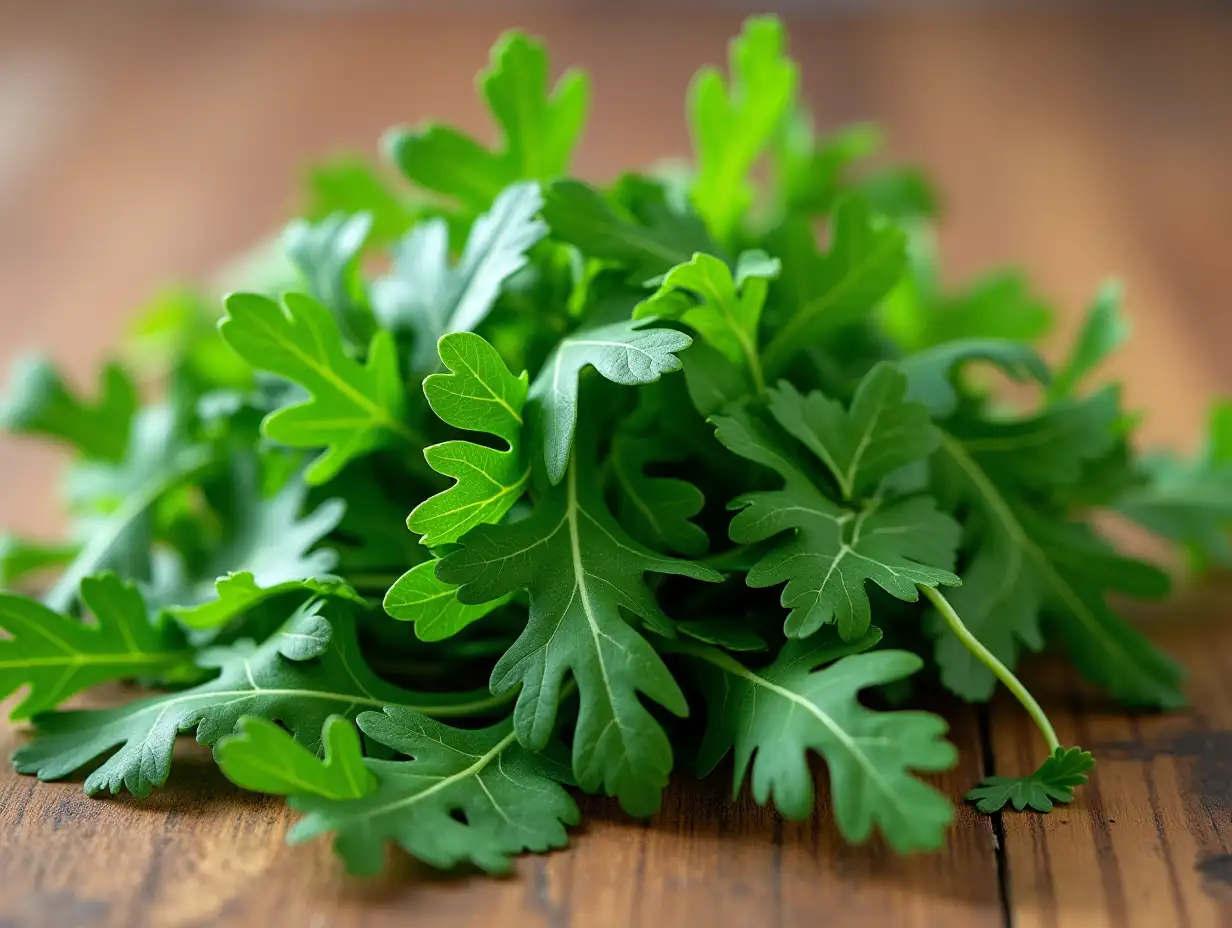 Vibrant-Arugula-Arranged-on-Rustic-Wooden-Table