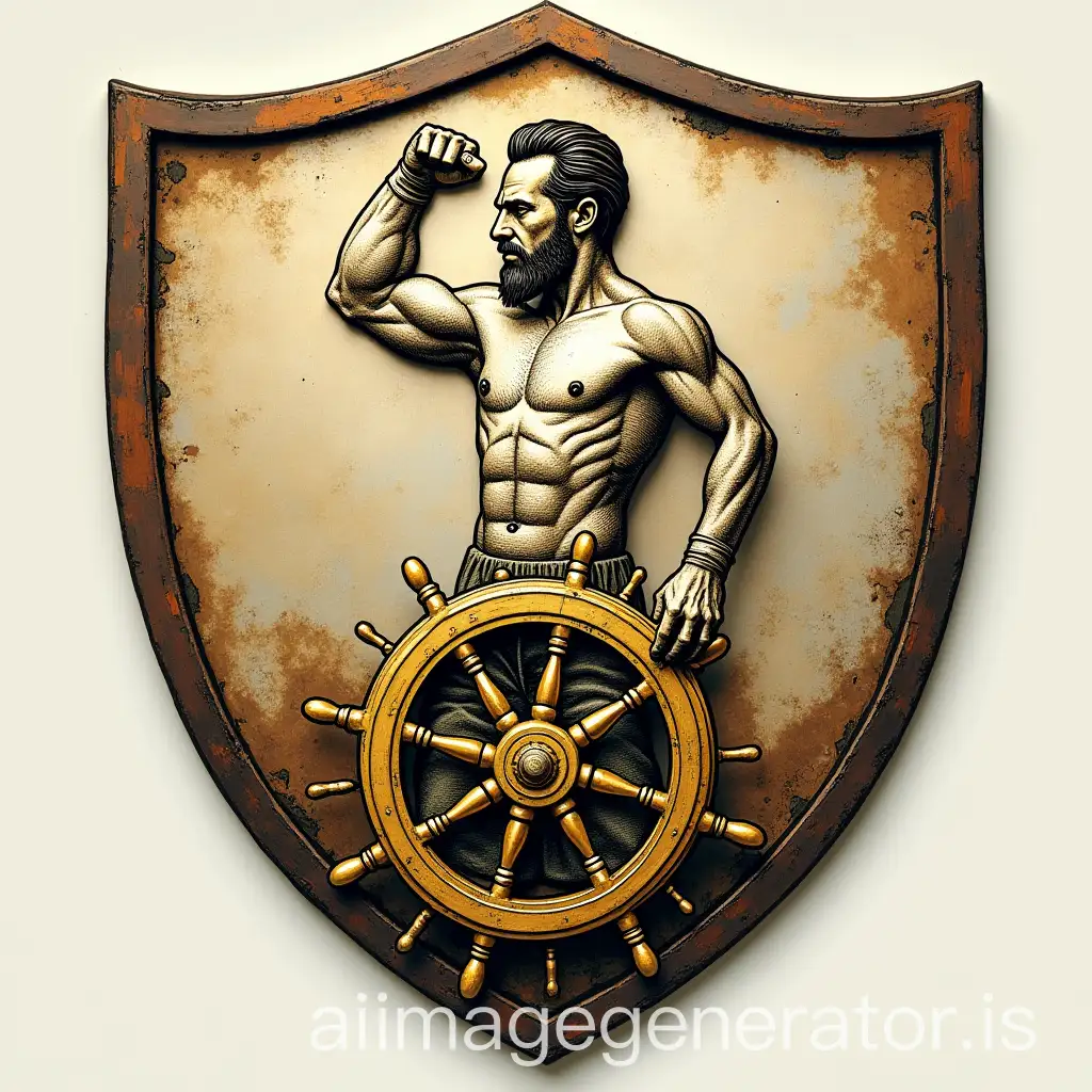 shield of football with a drawing of a man wielding one of his hands up and grasping a golden ship wheel with his other hand,