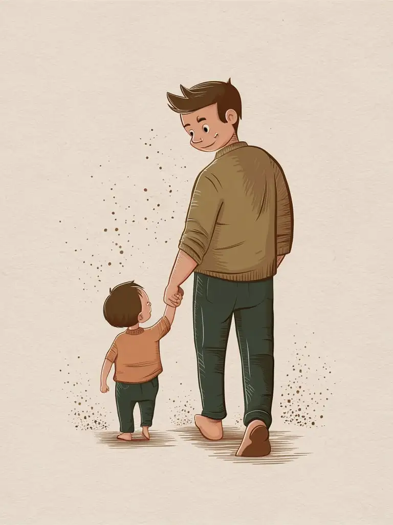 Father and Child Holding Hands in Illustration Style on OffWhite Background