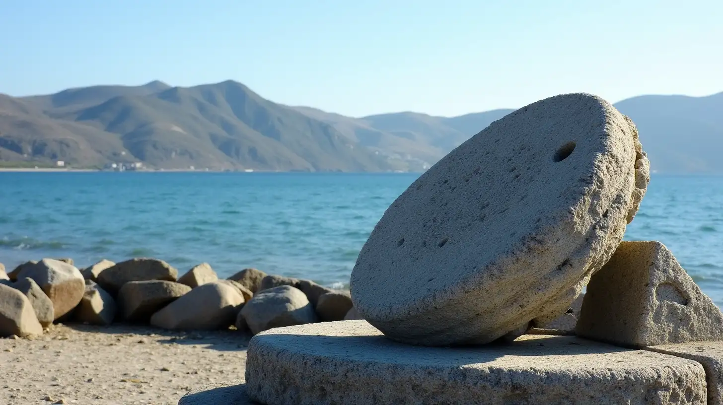 Millstone by the Sea with Mountainous Background