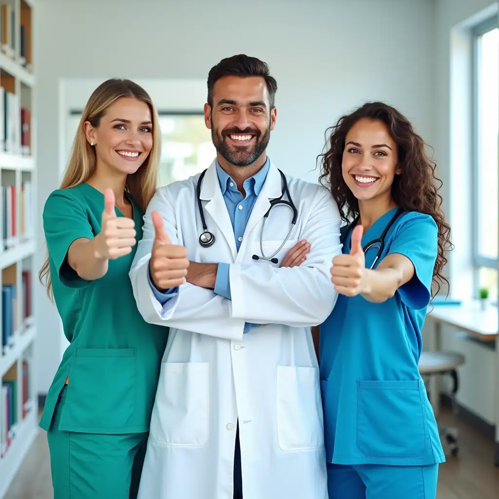 A group of three healthcare professionals standing in a bright, modern medical office. One male doctor in the center wearing a white coat and stethoscope, and two female nurses on either side wearing colorful scrubs (green and blue). All of them are smiling and showing a thumbs up gesture, conveying confidence and positivity. Professional, clean environment with bookshelves and large windows in the background, natural lighting.