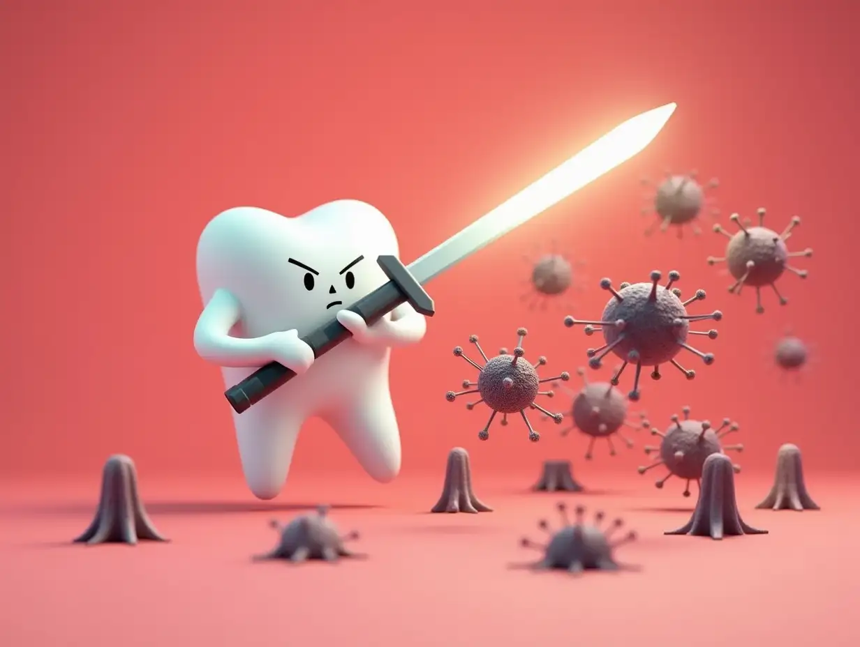 Tooth-Battling-Bacteria-with-Glowing-Sword-in-Dynamic-Dental-Health-Scene