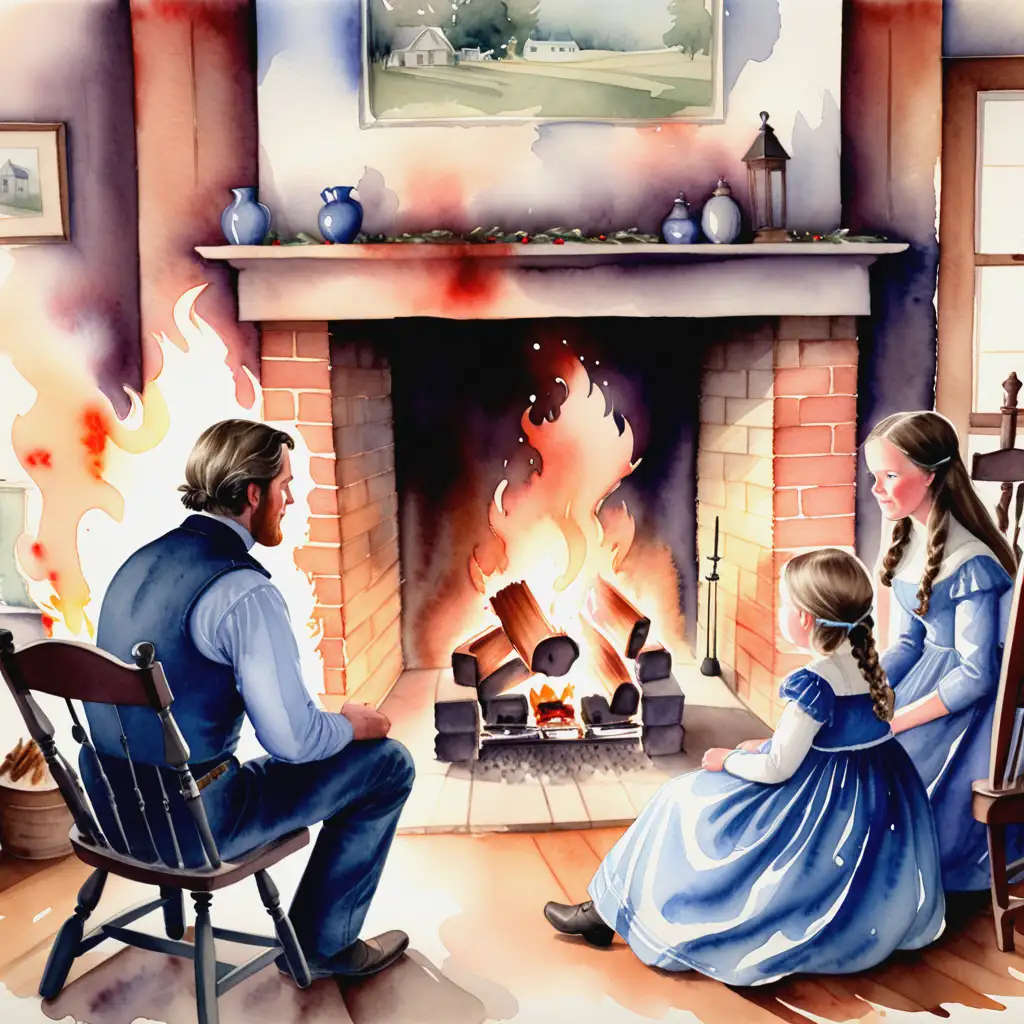 Watercolor Image of Ingalls Family Around Fireplace