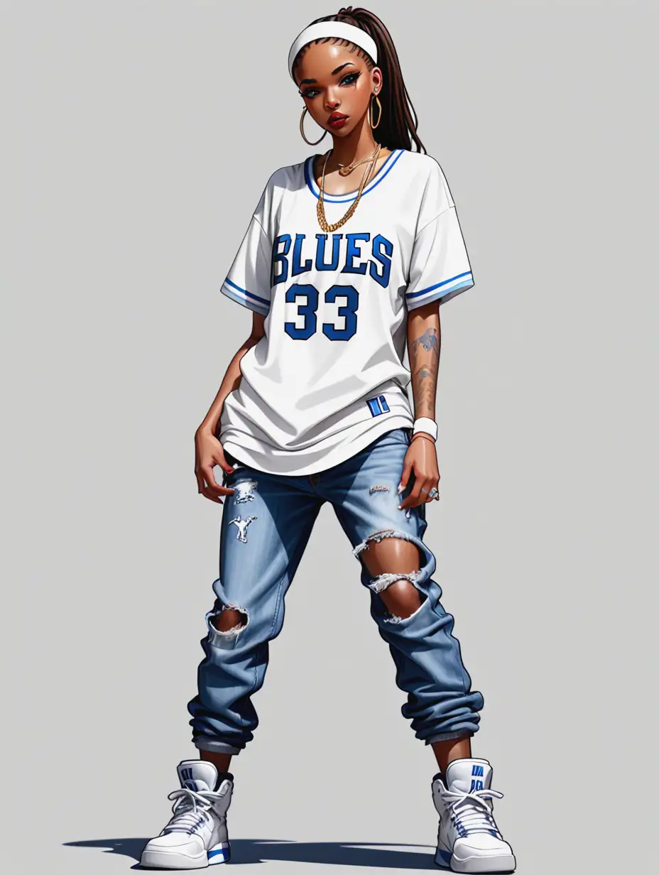 Female-Character-in-Hip-Hop-Fashion-with-White-Basketball-Jersey-and-Blue-Jeans