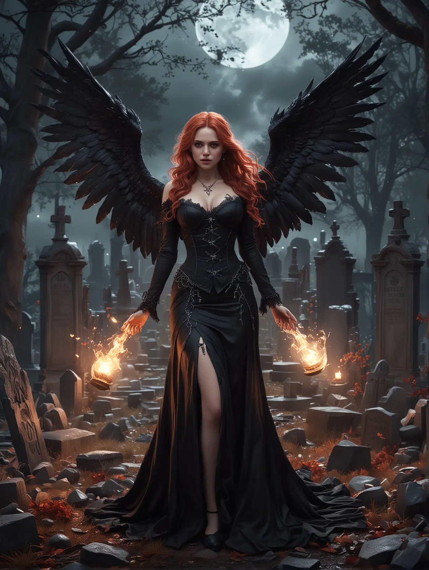 Fantasy-themed digital artwork featuring Mia Malkova characters in a mystical, moonlit graveyard setting. The layout is vertical, with the characters centrally positioned. She has long, flowing red hair, pale skin, majestic very large wings and is dressed in a black, corseted gown with a fiery glow emanating from her hand. The background includes tombstones and a misty and goosebump atmosphere, dramatic raytracing of moonshine, enhancing the eerie, magical ambiance. Magic bursts, magic spells, magic whirlwinds