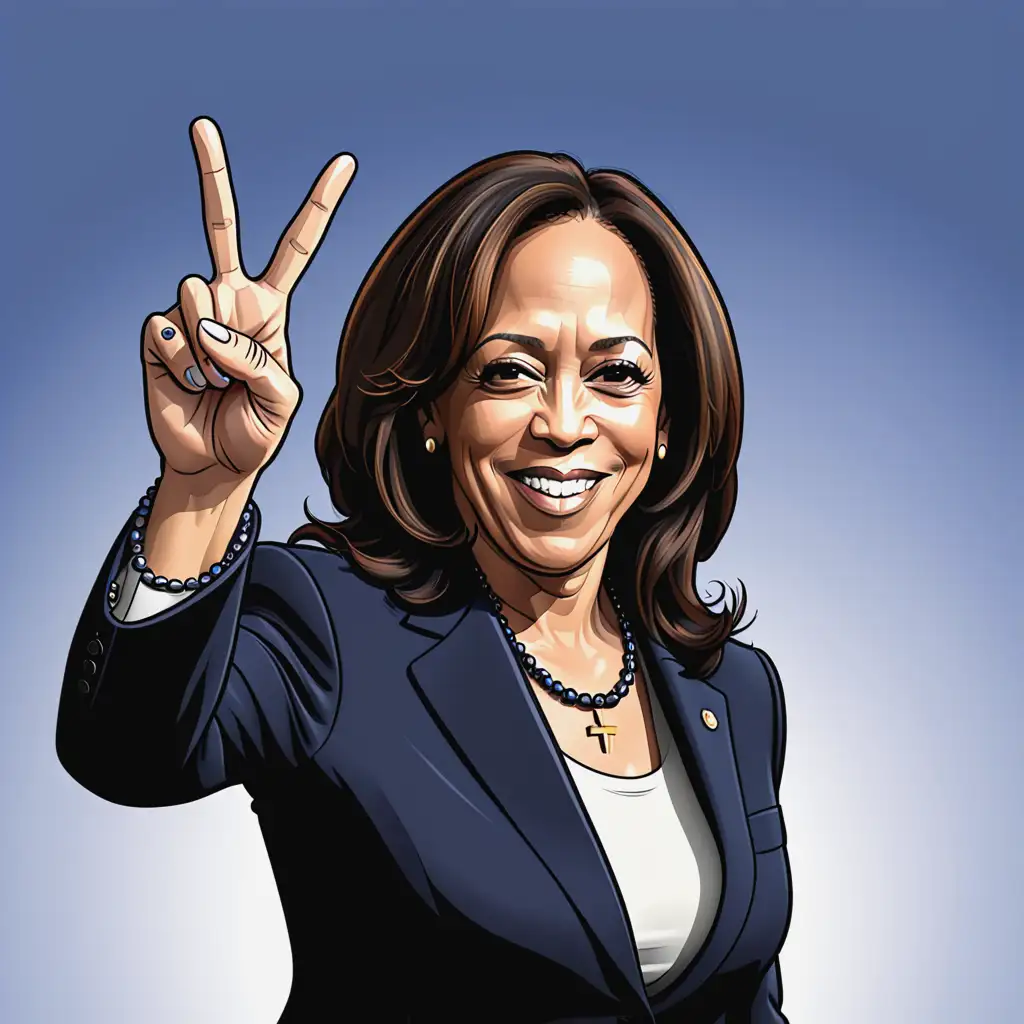 cartoon kamala Harris; making peace sign with fingers