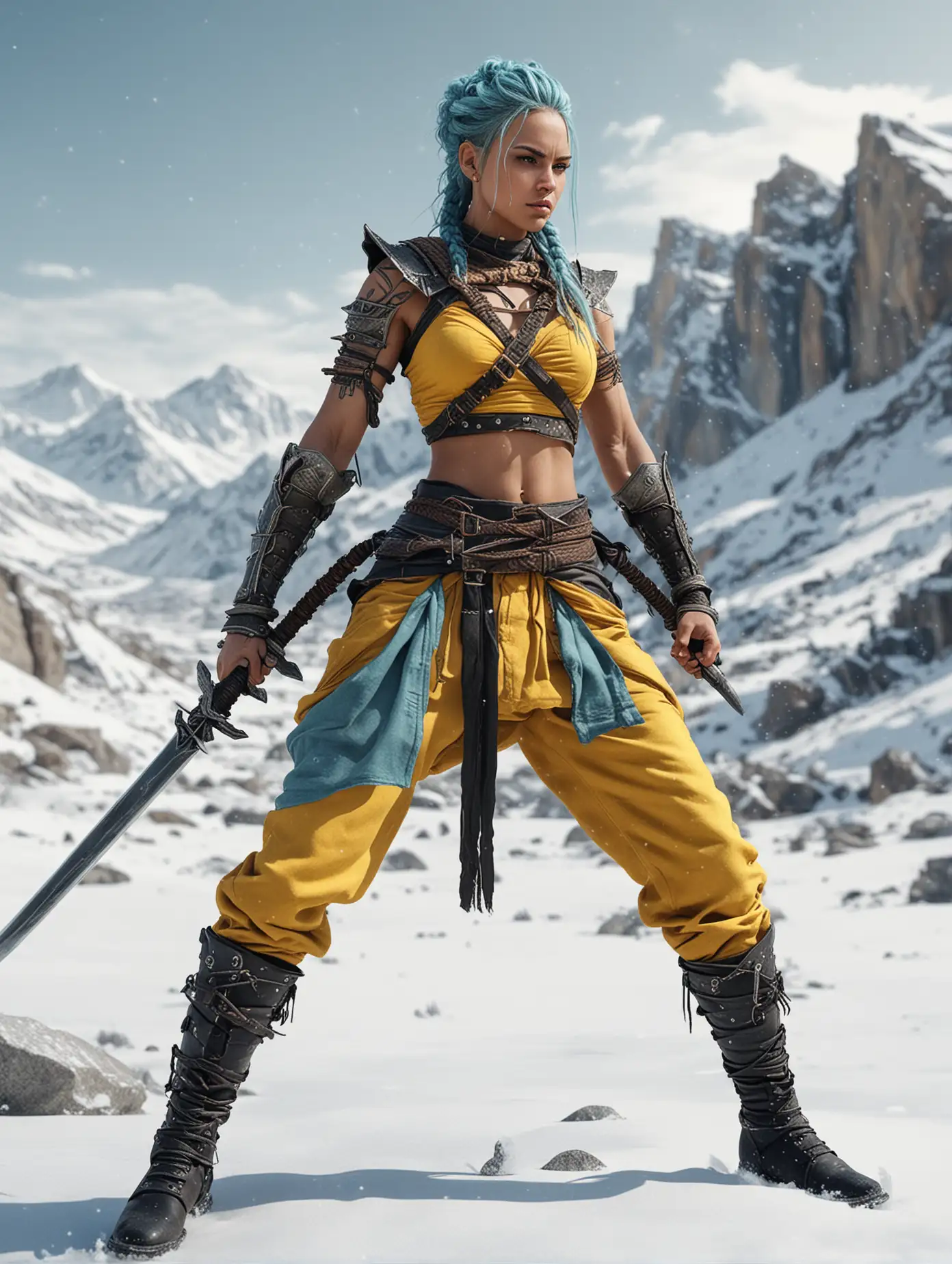 Create 4D hyprrealistic image of a beautiful warrior with braided cyan hair in a dynamic pose, wearing baggy yellow pants and heavy black boots. The warrior wields two swords crossed in front, in a dynamic attack pose, set against a white snow desert background with snow cliffs suggesting an atmosphere of rebellion or combat readiness.