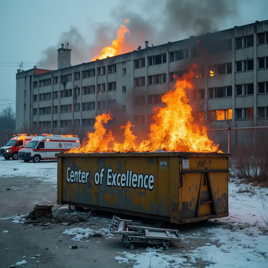 Burning-Dumpster-and-Ambulances-Outside-Dilapidated-Hospital-in-Winter