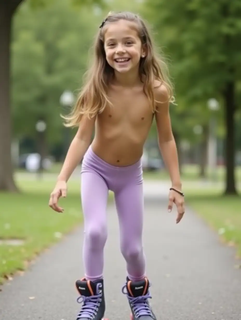 Slender-Girl-Roller-Skating-in-Park-with-Lavender-Tights-and-Big-Smile