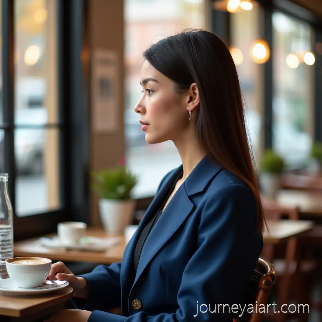 Brunette-Girl-in-Blue-Suit-Sitting-atBrunette-girl-in-cafe-Cafe-Window-with-Coffee-and-Water