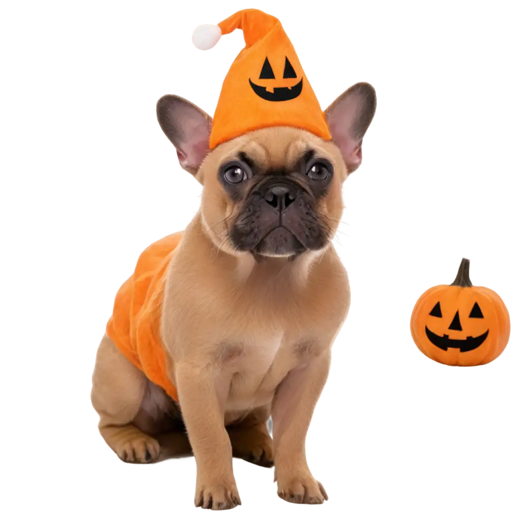 Adorable-French-Bulldog-Puppy-in-Pumpkin-Costume-and-Maine-Coon-Kitten-in-Ghost-Hat-PNG-Image