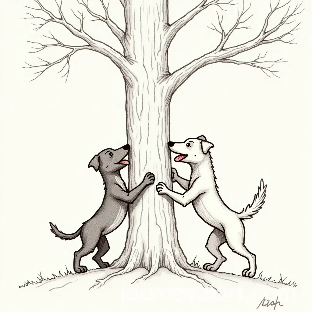 Two-Dogs-Playfully-Running-Around-a-Tree-in-a-Sketch