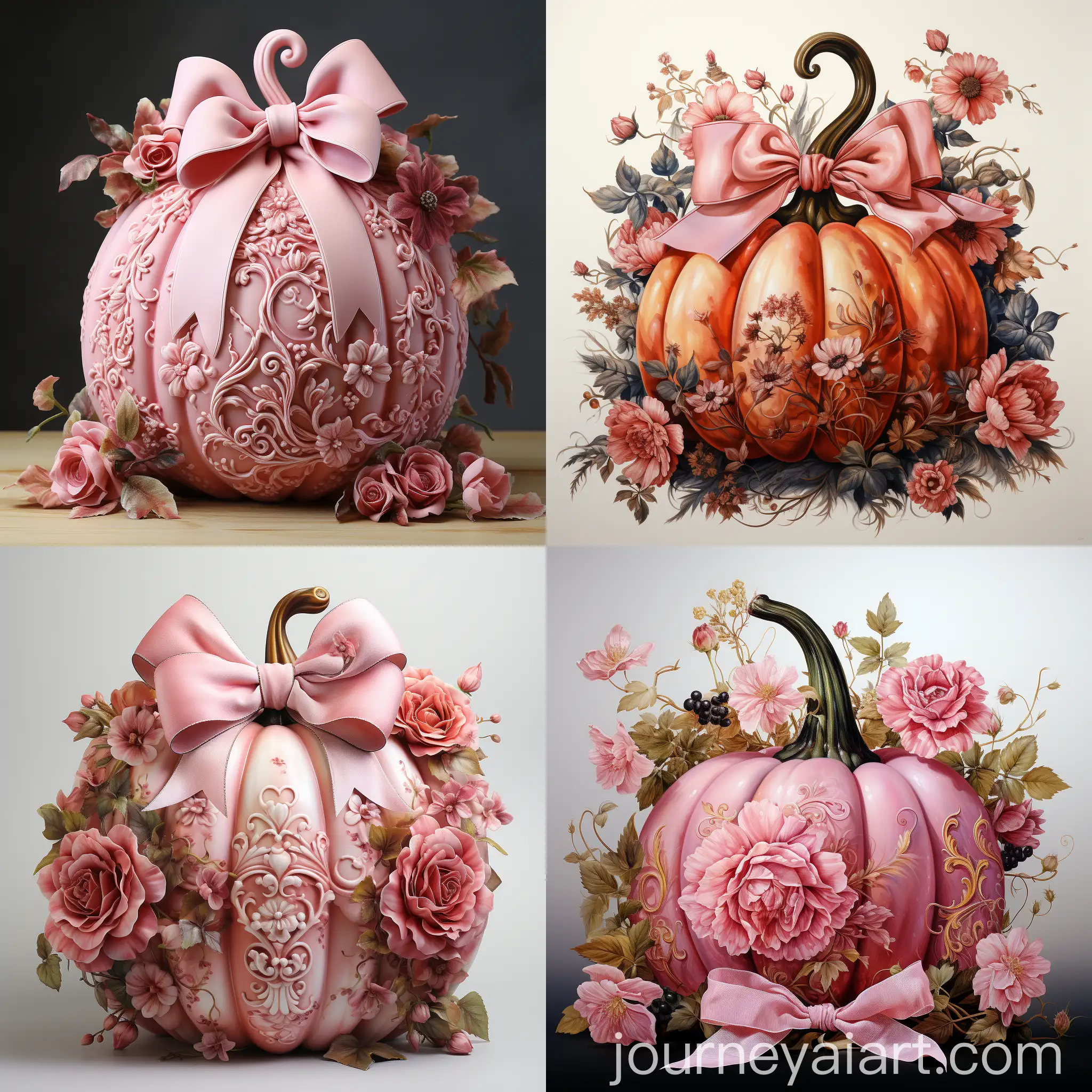 Elegant-Watercolor-Pumpkin-with-Pink-Floral-Patterns-and-Checkered-Bow
