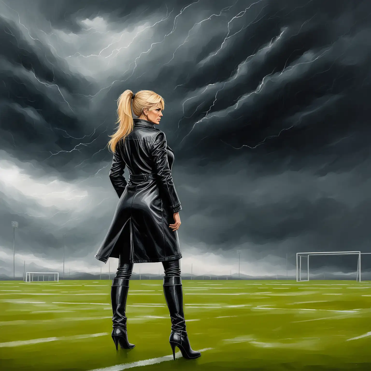 Confident-Woman-in-Black-Leather-Coat-Standing-on-Football-Field-in-Stormy-Weather