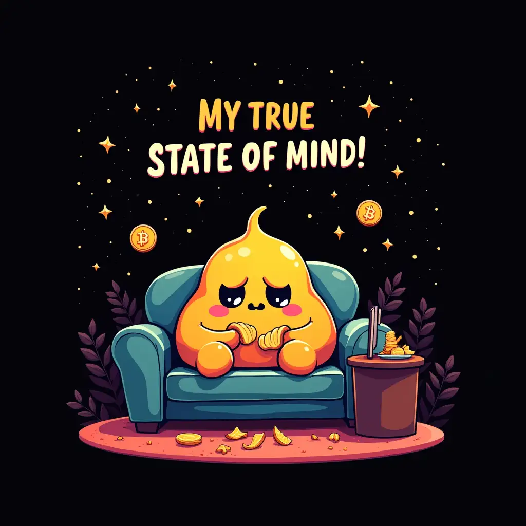 illustration suitable for screen printed T-Shirt design, concept art with mixed vegan anthropomorphic colorful A bored looking blob creature sitting on the sofa eating chips and watching reality television, there is a written word upper: MY TRUE STATE OF MIND! star skies with flying bitcoins, CGI art highly detailed, vector Flat design, clean bold, sharp crisp outlines, isolated in black background