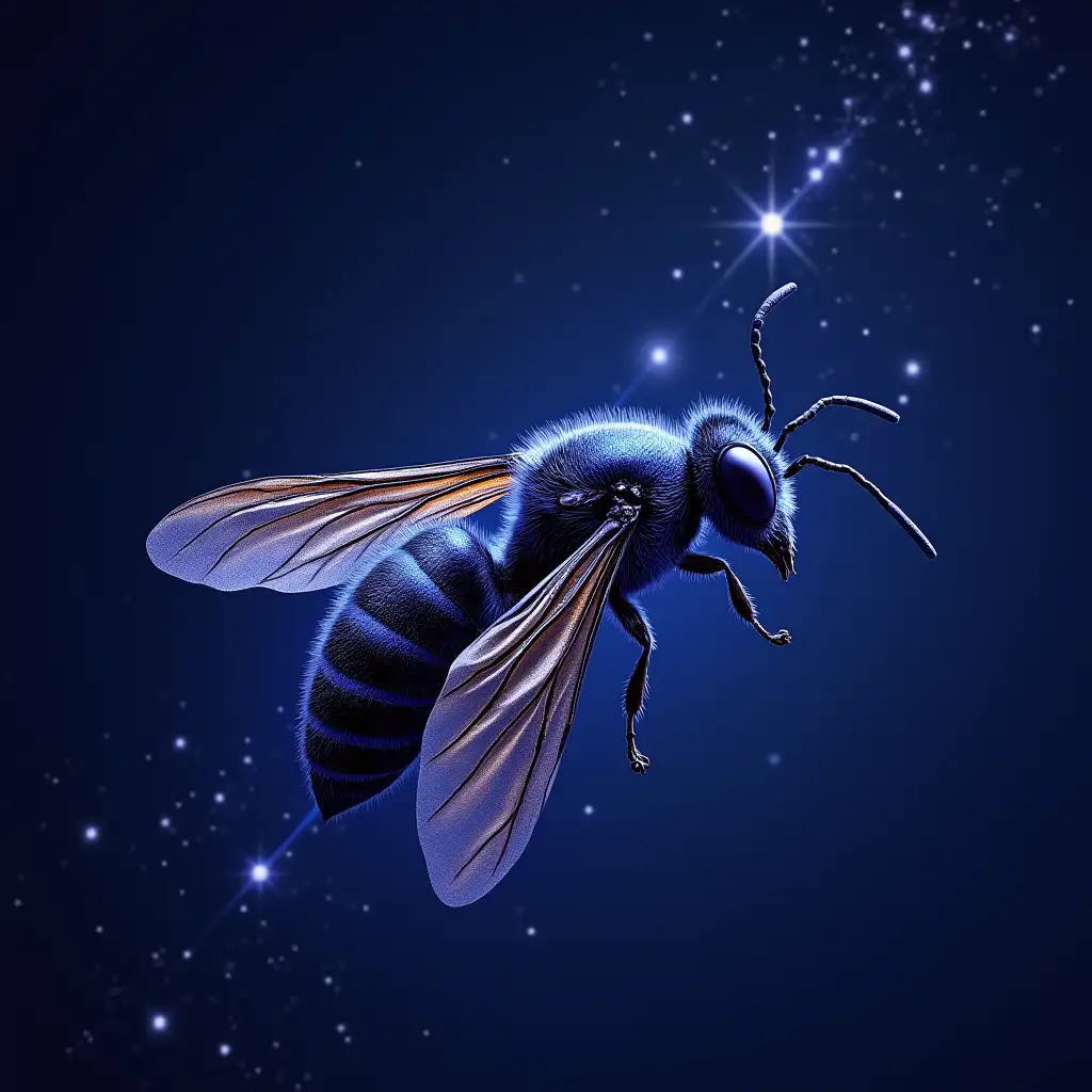 indigo as background, stars, wasp-like, astringent, radio