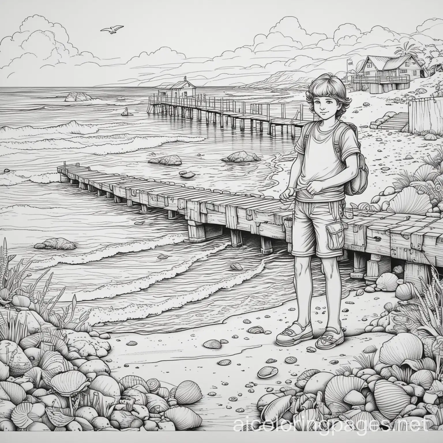 color, cartoon coloring in drawing of a builder at the beach with sea shells and a bridge, line art, background is colorful, outlines of all the subjects are easy to distinguish,, Coloring Page, black and white, line art, white background, Simplicity, Ample White Space. The background of the coloring page is plain white to make it easy for young children to color within the lines. The outlines of all the subjects are easy to distinguish, making it simple for kids to color without too much difficulty