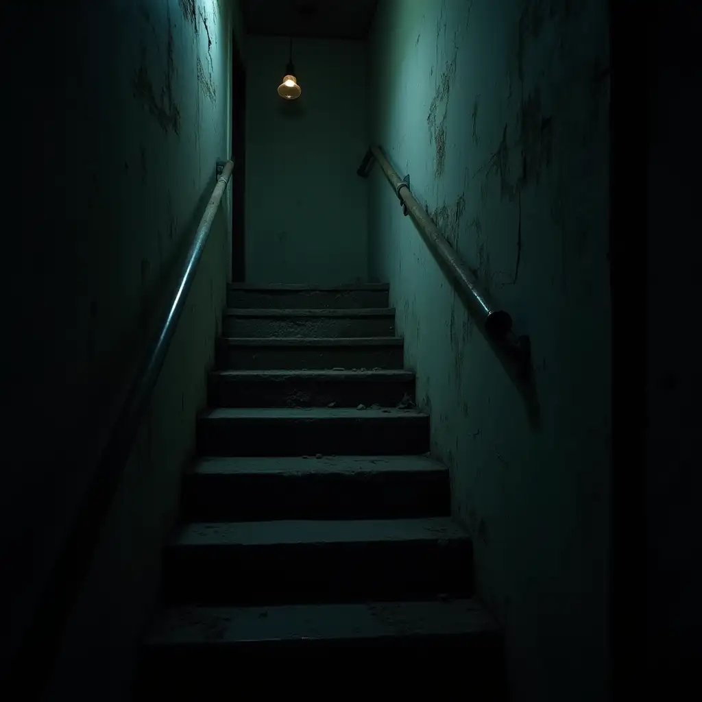 Abandoned house stairs, scary, at night, very dark, cinematic, horror movie, 3D