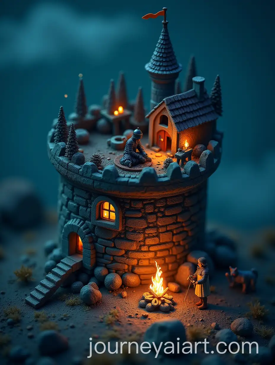 Knight-Resting-by-Bonfire-with-Bard-and-Husky-on-Castle-Tower-at-Night
