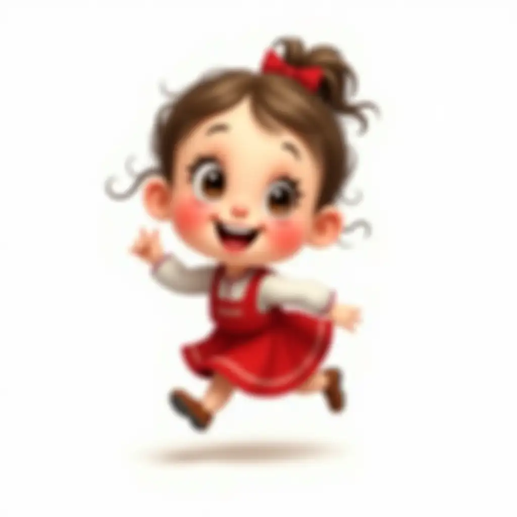 A caricature. On a white background. A chubby girl in a short red Russian folk costume is running.