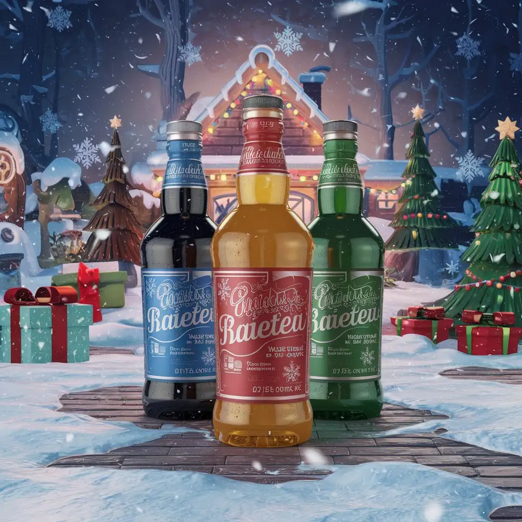 three bottles on a winter, New Year's background with 3D special effects ad