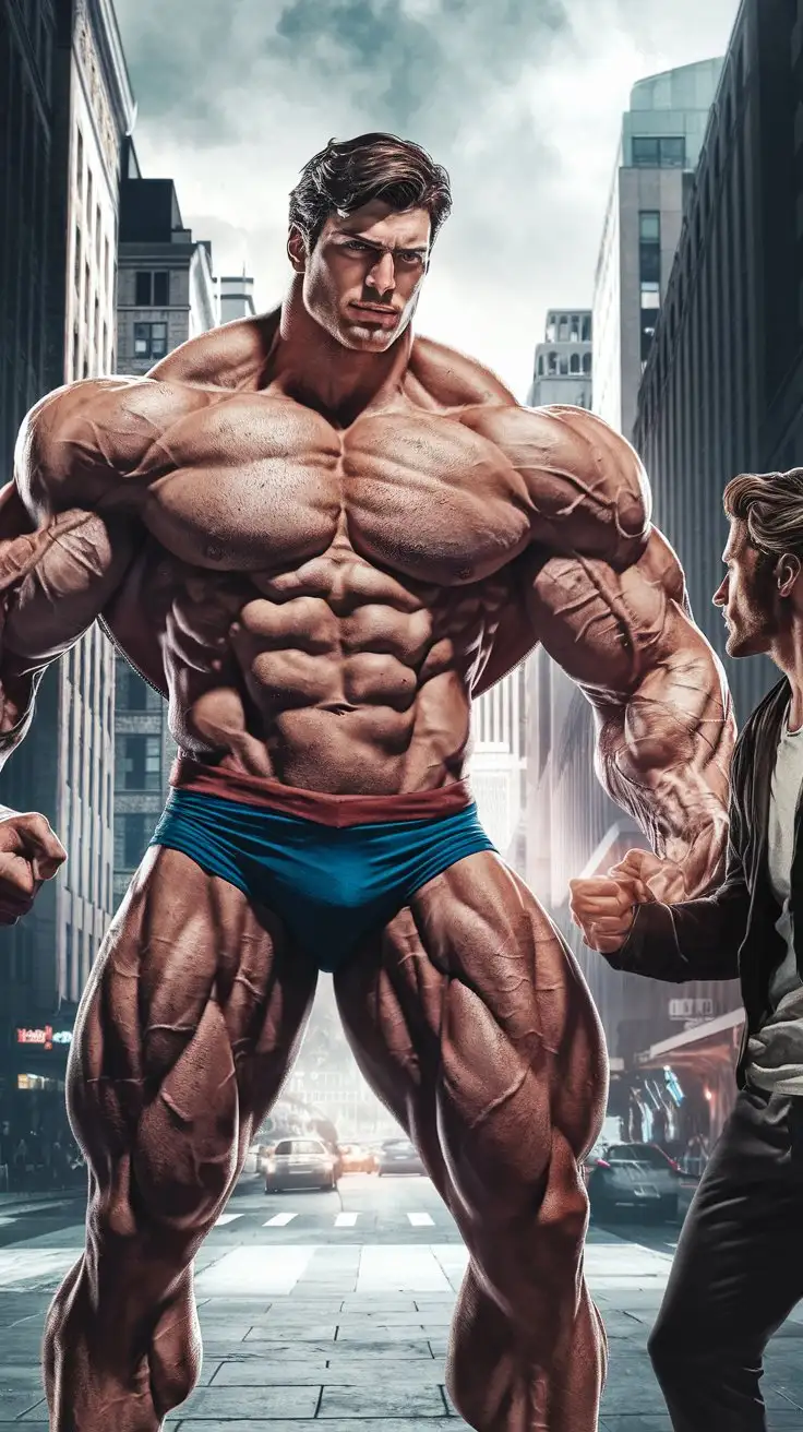 Supercharged brawn. Herculean powers. 27-year-old Musclegod bodybuilder superhero possesses awesome superpowers as his 19-year-old protege watches impressed. Photorealistic.