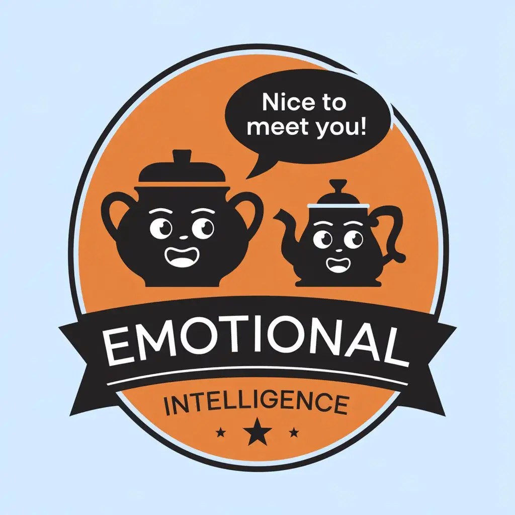 LOGO Design for Emotional Intelligence Black Pot and Kettle with Faces on Light Blue Background