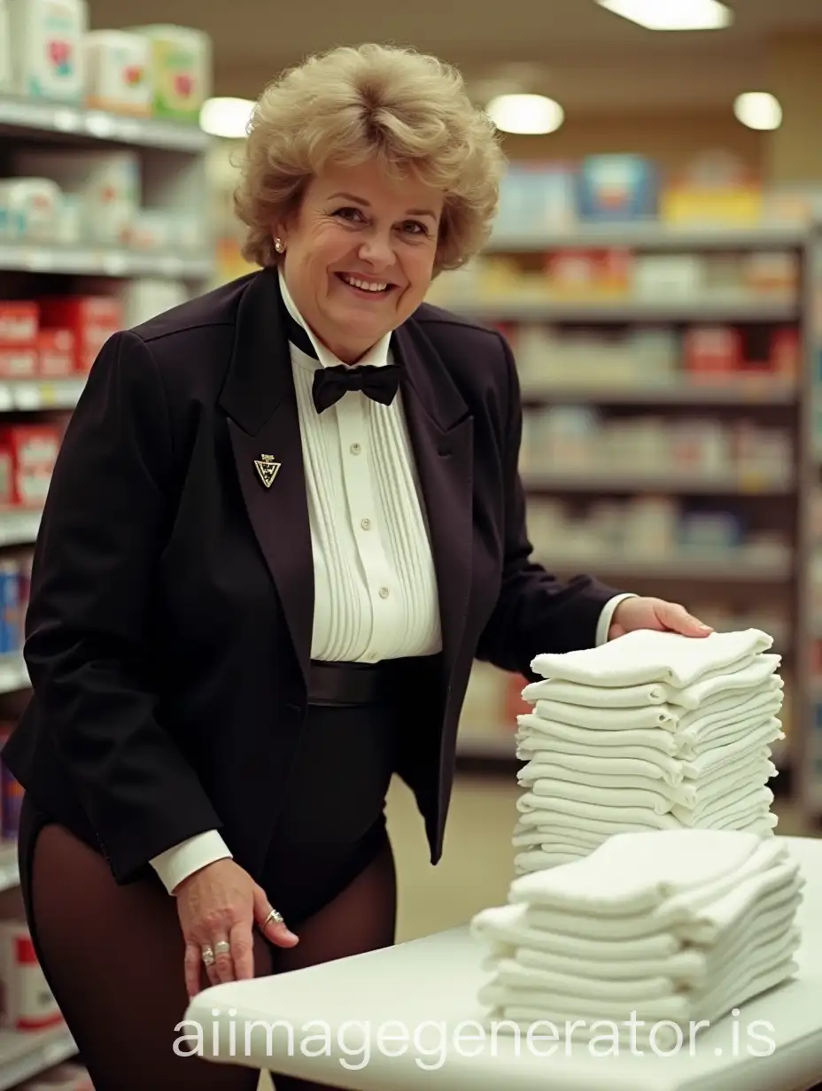 Caucasian-Woman-Demonstrating-1980s-Huggies-Diapers-at-Supermarket-in-Formal-Orchestra-TuxedoAI-Image-Prompt-Expansion