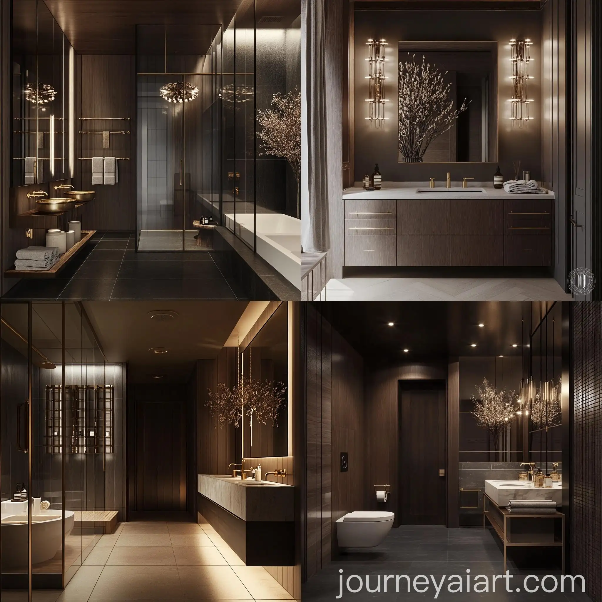 Modern-Bathroom-Interior-with-Dark-Wood-and-Brass-Fixtures