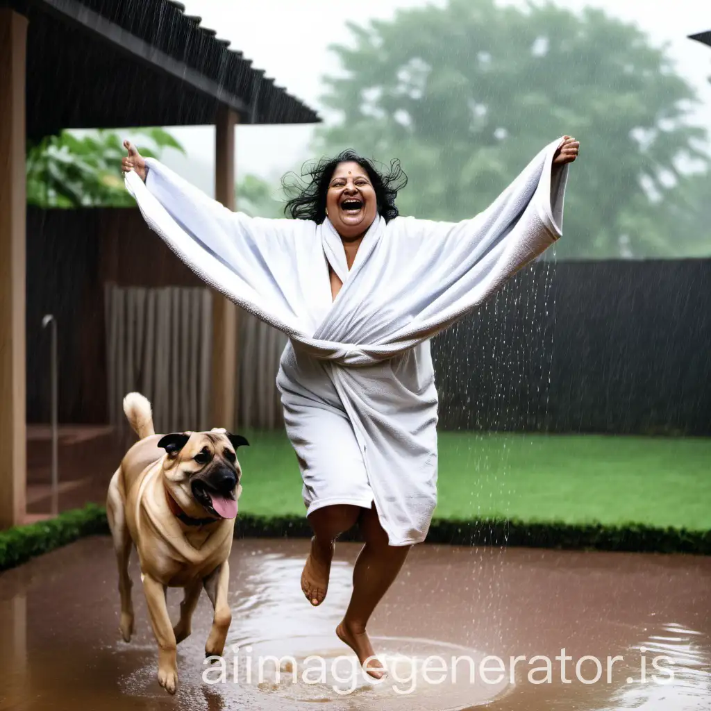 an indian fat mature curvy woman having age 63 years old, jumping in rain wearing a thin bath towel holding a big dog in a farmhouse courtyard, its raining, she is happy and laughing