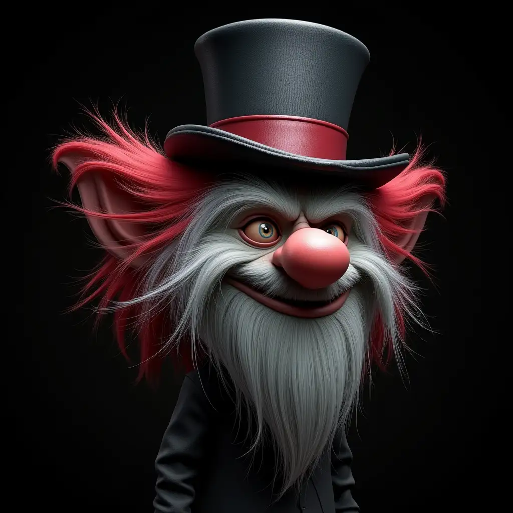 ultra-detailed hyperrealistic portrait of a troll with grey and red hair and a top hat, black background