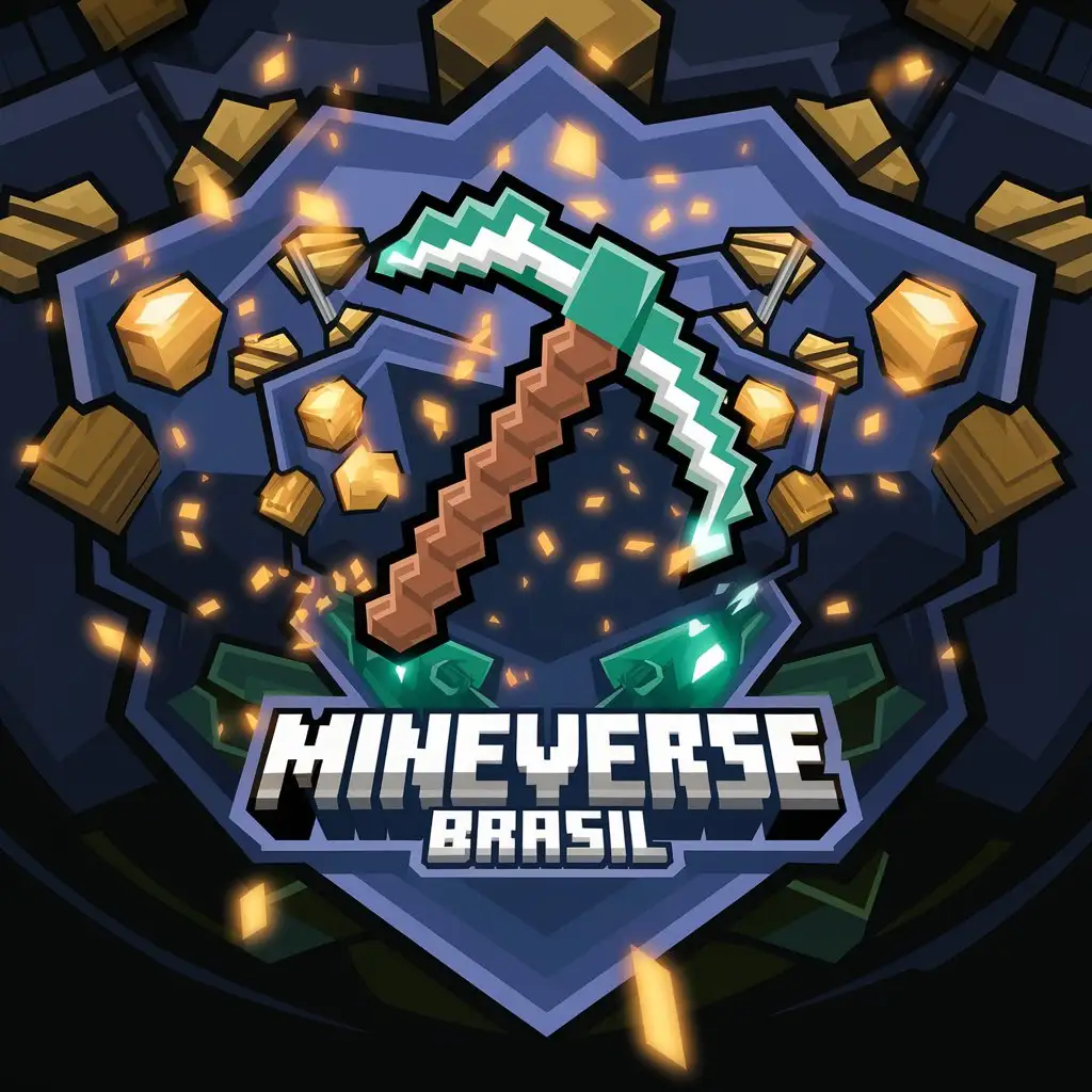 LOGO Design for Mineverse Brasil Green Minecraft Diamond Pickaxe with Particles and Mine Ores