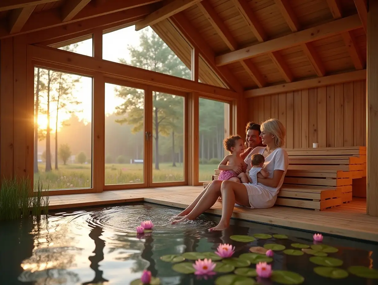 a cheerful family of a man and a woman and their small child on wooden racks inside a wooden sauna, inside the sauna it is dry and there is no pool or any water, but only wooden platforms and steam -  the entire interior is decorated with wooden planks, including floors, and one of the walls of the bathhouse is a large single panoramic window, and only outside the bathhouse there is a huge eco-pond with a large number of pink lily pads and the pond has natural gentle grassy banks, similar to wild ponds, on the other shore there are only 3 small ones. single-storey chalet houses, these houses have the appearance of a single-storey chalet with a gable tiled roof, each roof slope is flat without bending, these chalet houses are built from a system of wooden beams consisting only of vertical wooden beams, and only in the half-timbered style, and between the glass beams, the glass walls are panoramic windows in all walls from the floor to the roof, that is, each wall is a panoramic window, at sunset and in the reflections of sunset light, the foreground view is in focus, and the background is blurred, realistic