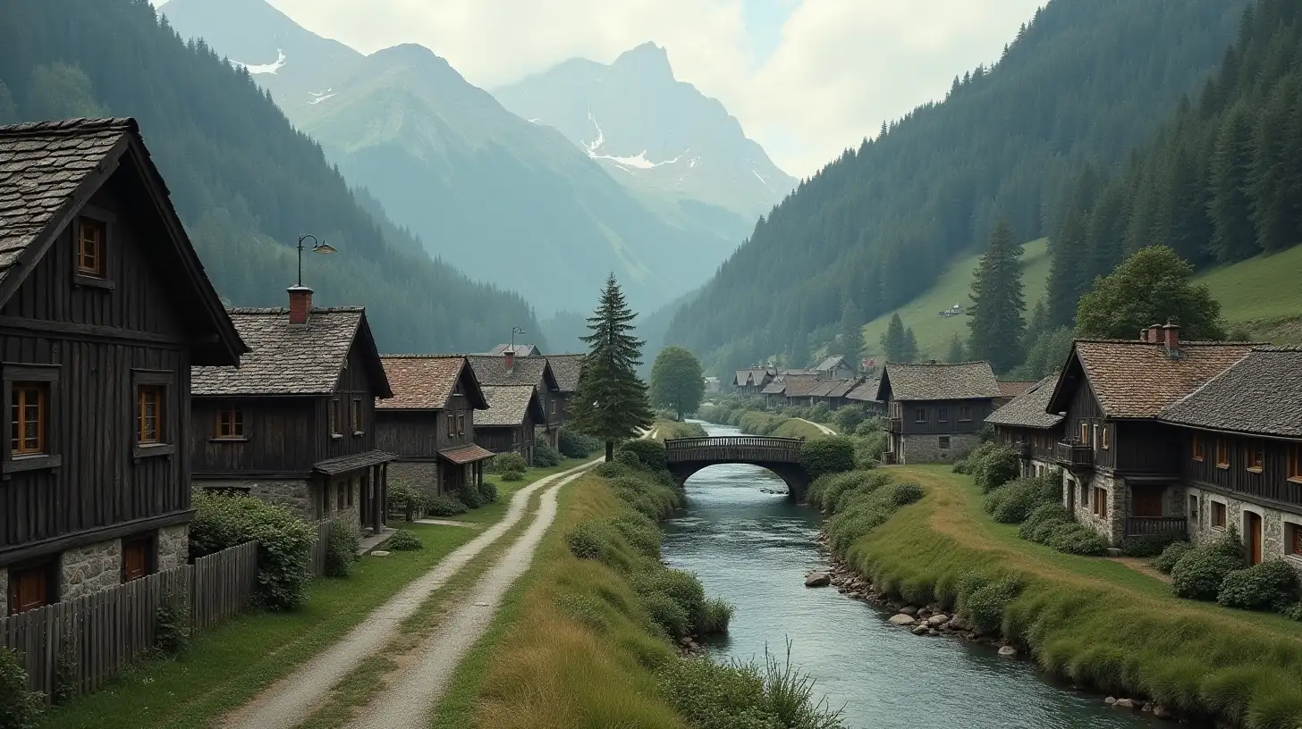 Charming Riverside Hamlet with Vintage Houses and a Footbridge