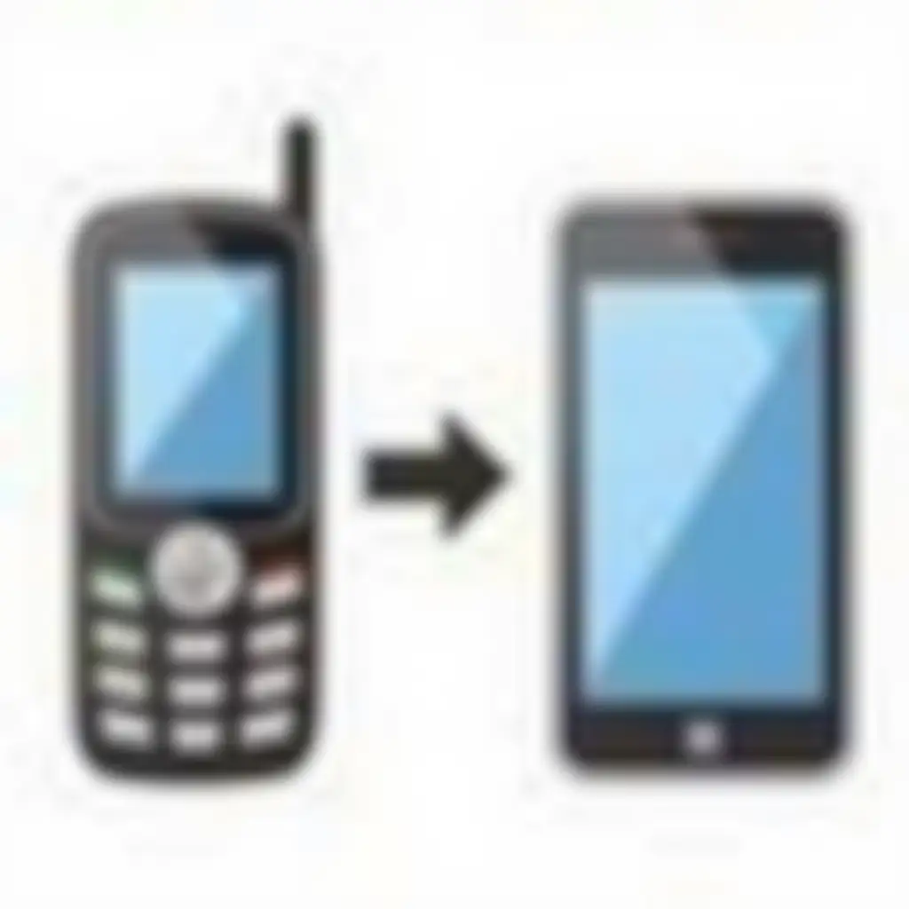 On the left is a 'senior phone' mobile phone, and in the middle a transition arrow points to the picture of a modern 'smart phone' on the right