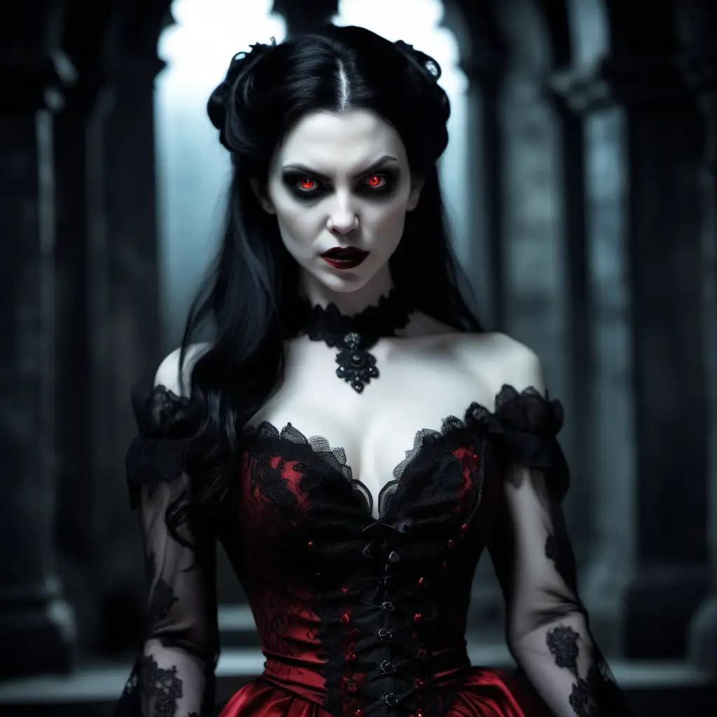 Beautiful Fantasy Female Vampire in Black and Red Lace Gown at Black Fortress