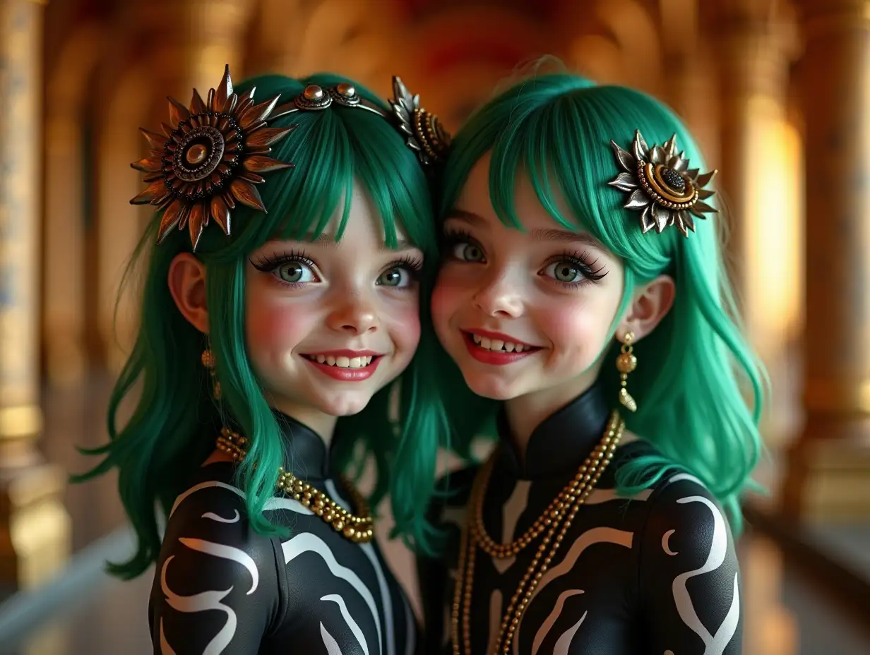 Two young girls with black and white pattern, alien face, green hair, with a slight smile on their faces, accentuating their smiles, modern retro jewelry, in a temple with much gold in various shades 4k