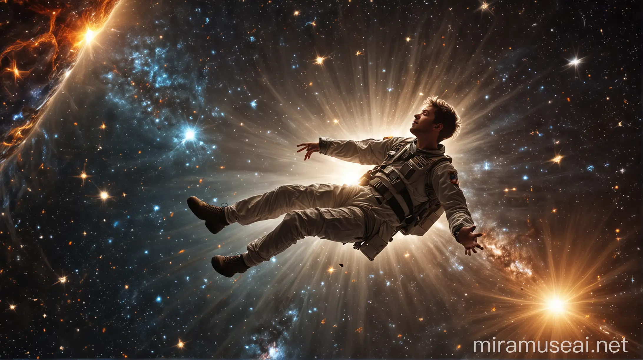 Man Falling in Outer Space with Sun and Stars Background